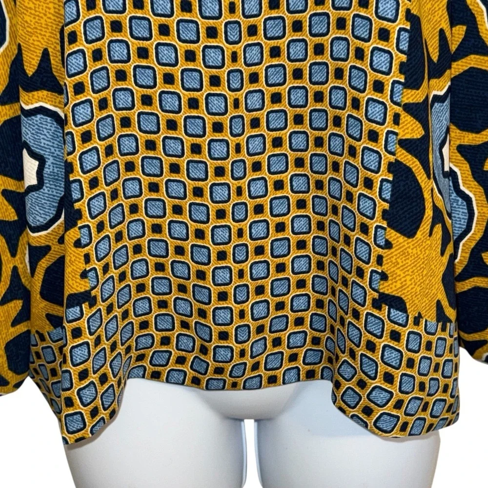 CHICO'S‎  Geo Print Drape Sleeve Blue Echo L/S Woven Pattern Top NWT $99 Size 6 - Picture 4 of 8